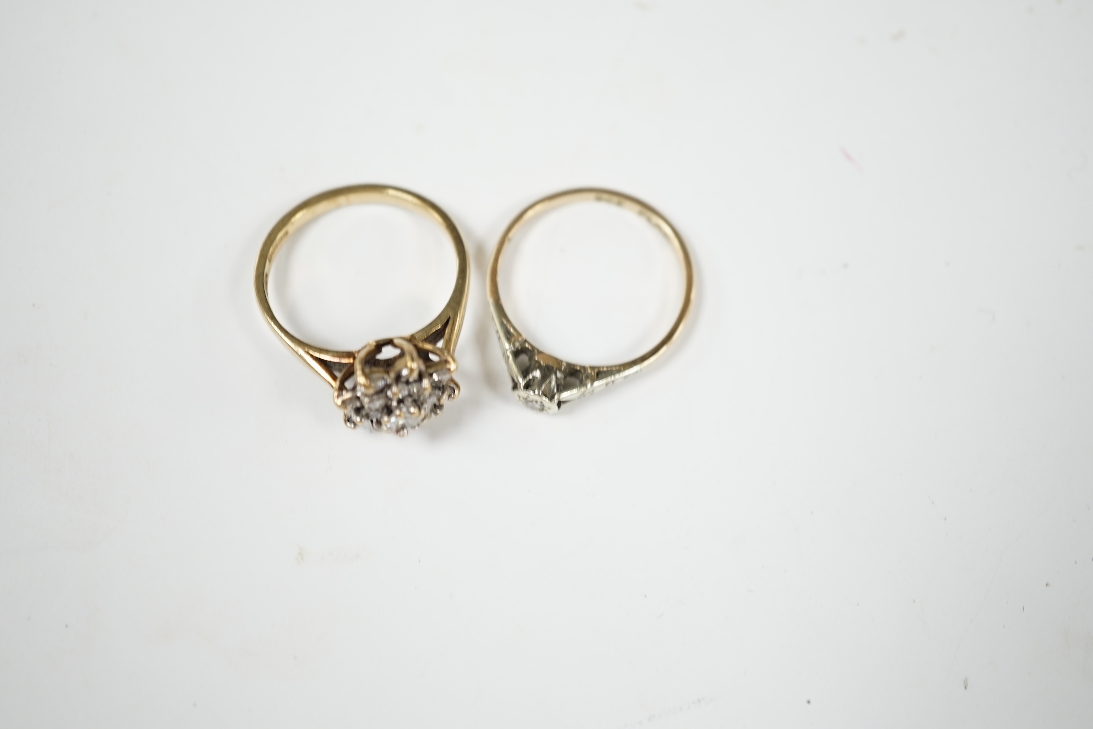 A modern 9ct gold and diamond cluster set ring, size L and a 9ct and illusion set diamond ring, gross weight 4.4 grams. Condition - poor to fair